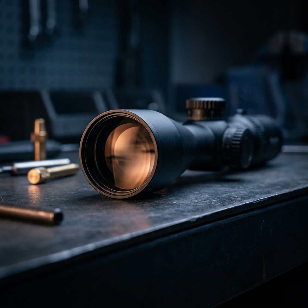 Premium riflescope on a dark steel workbench