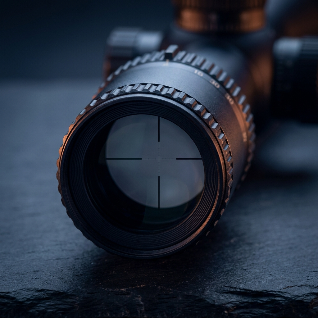 View through a riflescope eyepiece showing a fine crosshair reticle