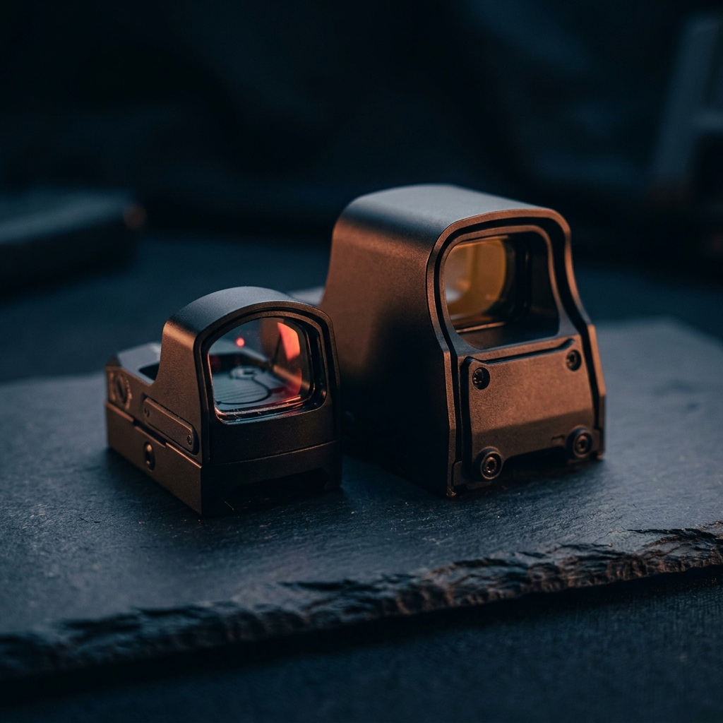 A reflex red dot sight beside a holographic sight on dark slate