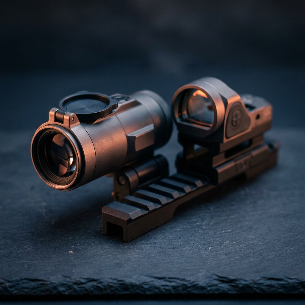 A flip-to-side magnifier and a red dot sight on a rail section