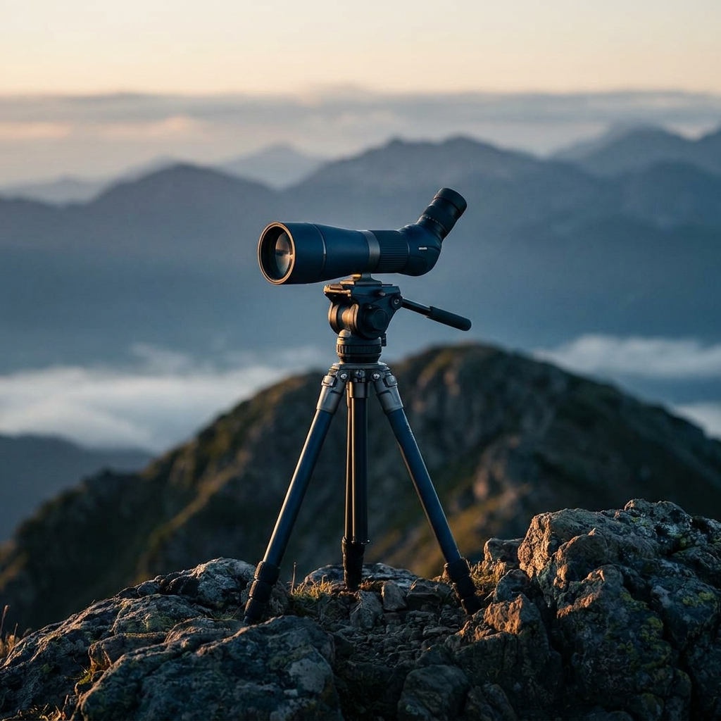 A spotting scope on a tripod on a ridge at dawn
