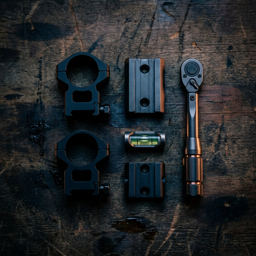 Scope rings, mounting bases and a torque wrench on a workbench
