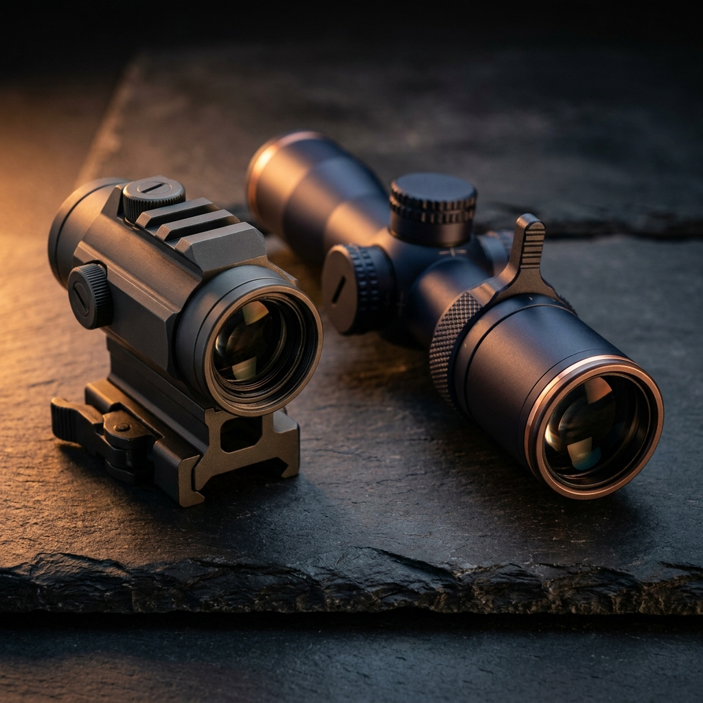 A fixed-power prism combat optic beside a variable riflescope