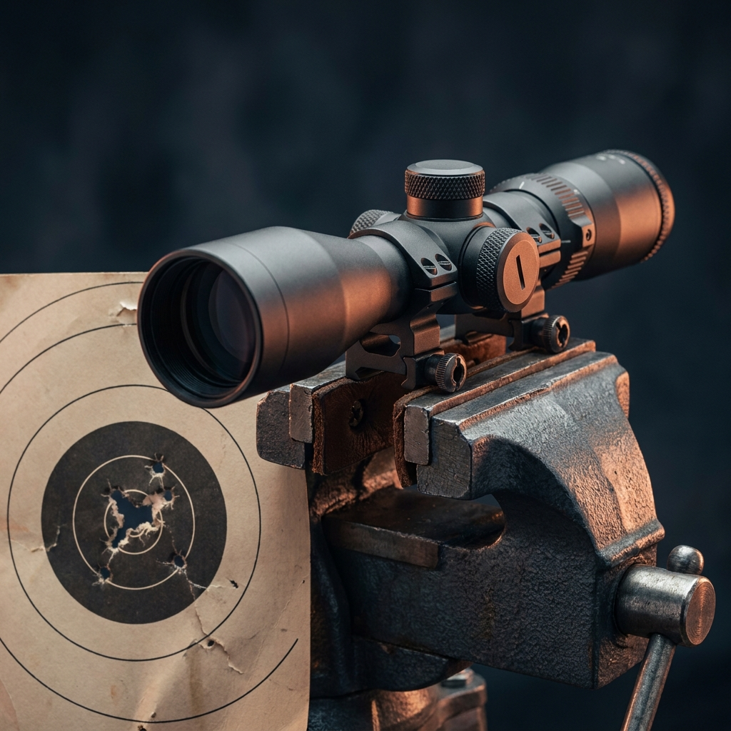 A riflescope in a bench vise beside a paper target with a tight group
