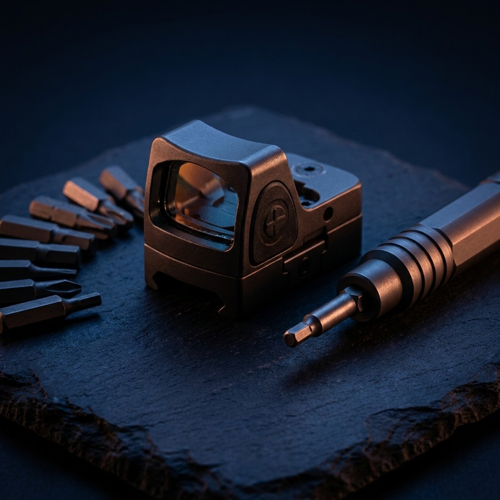 A pistol red dot optic with a small torque driver and hex bits