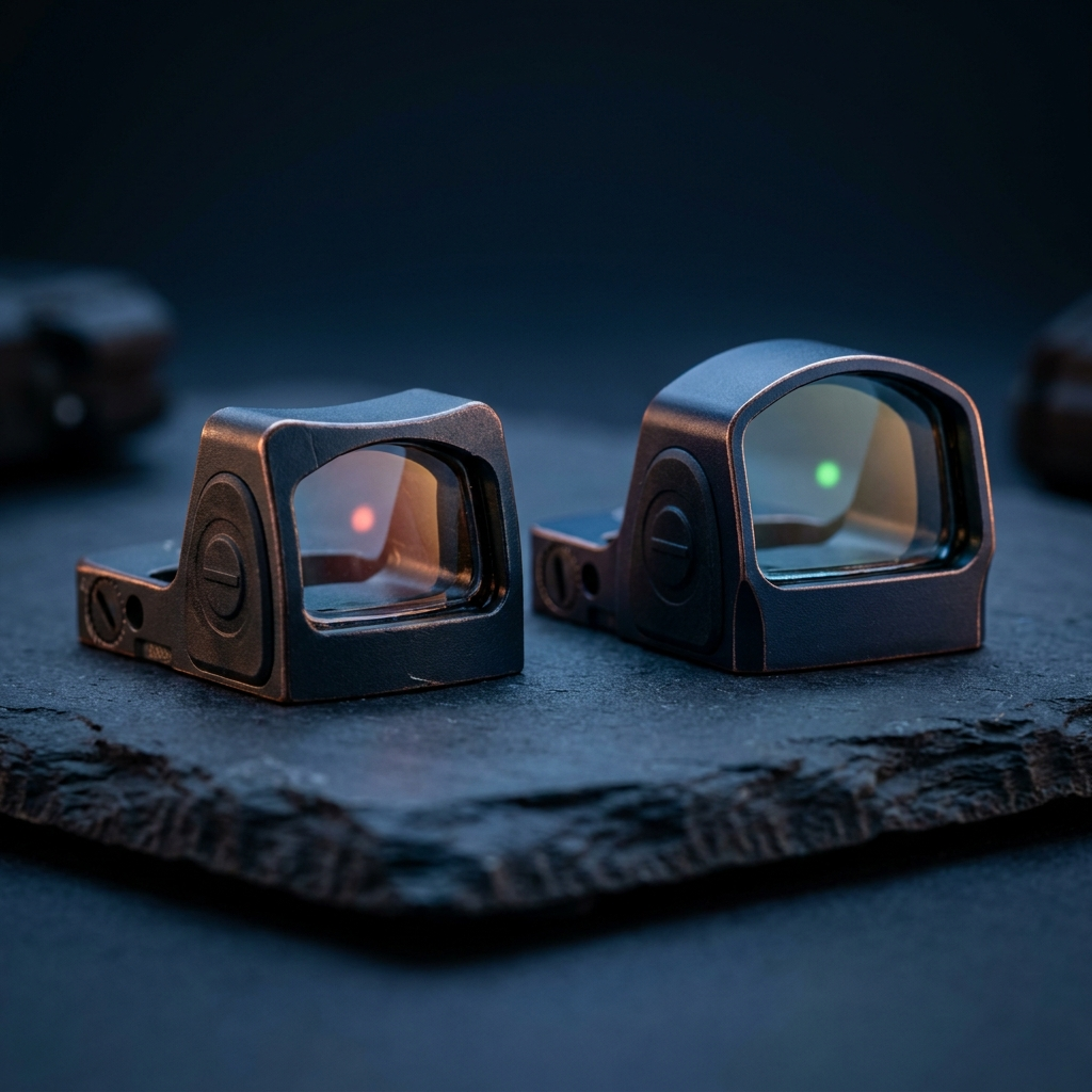 Two miniature reflex pistol optics side by side on dark slate