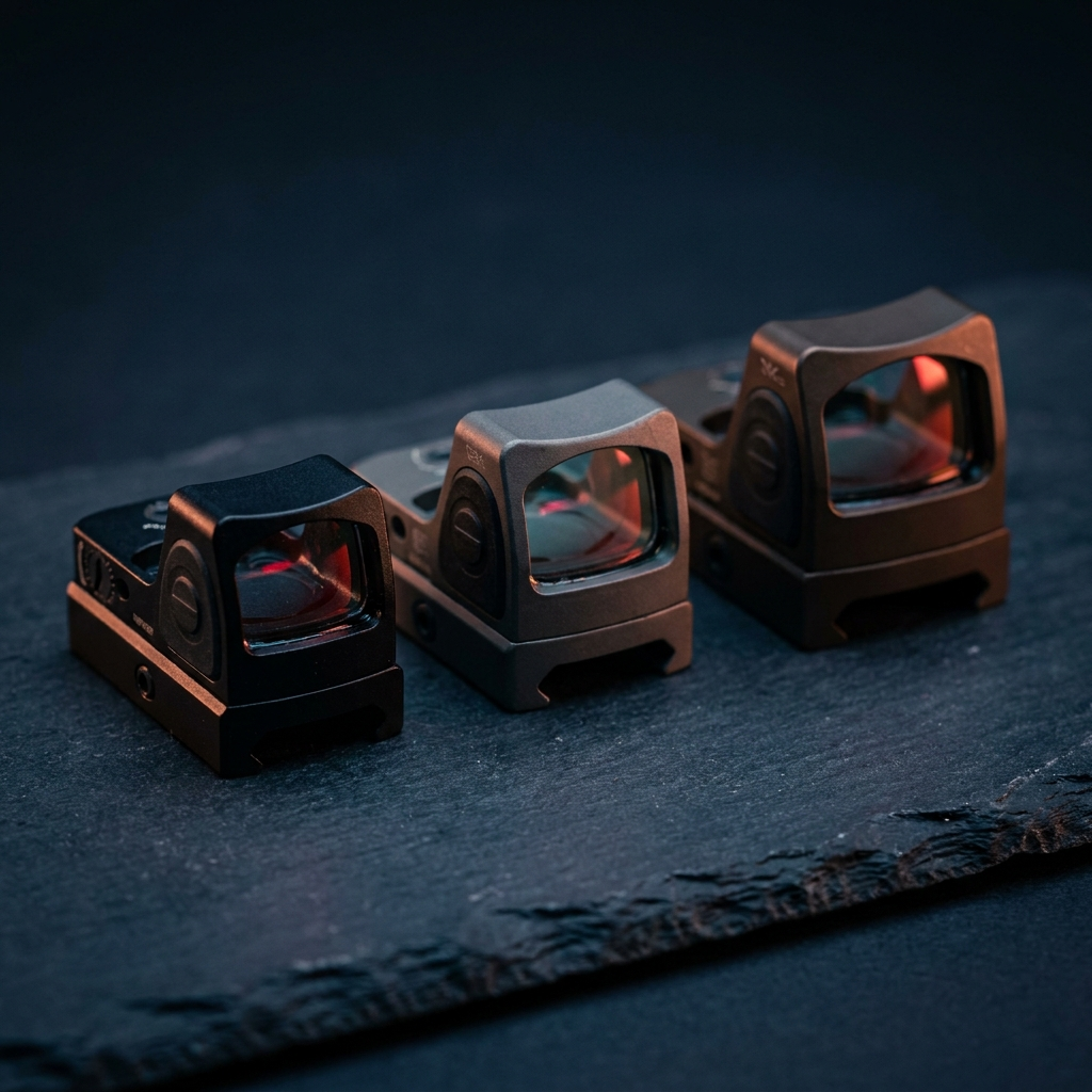 Three compact pistol red dot optics arranged in a row