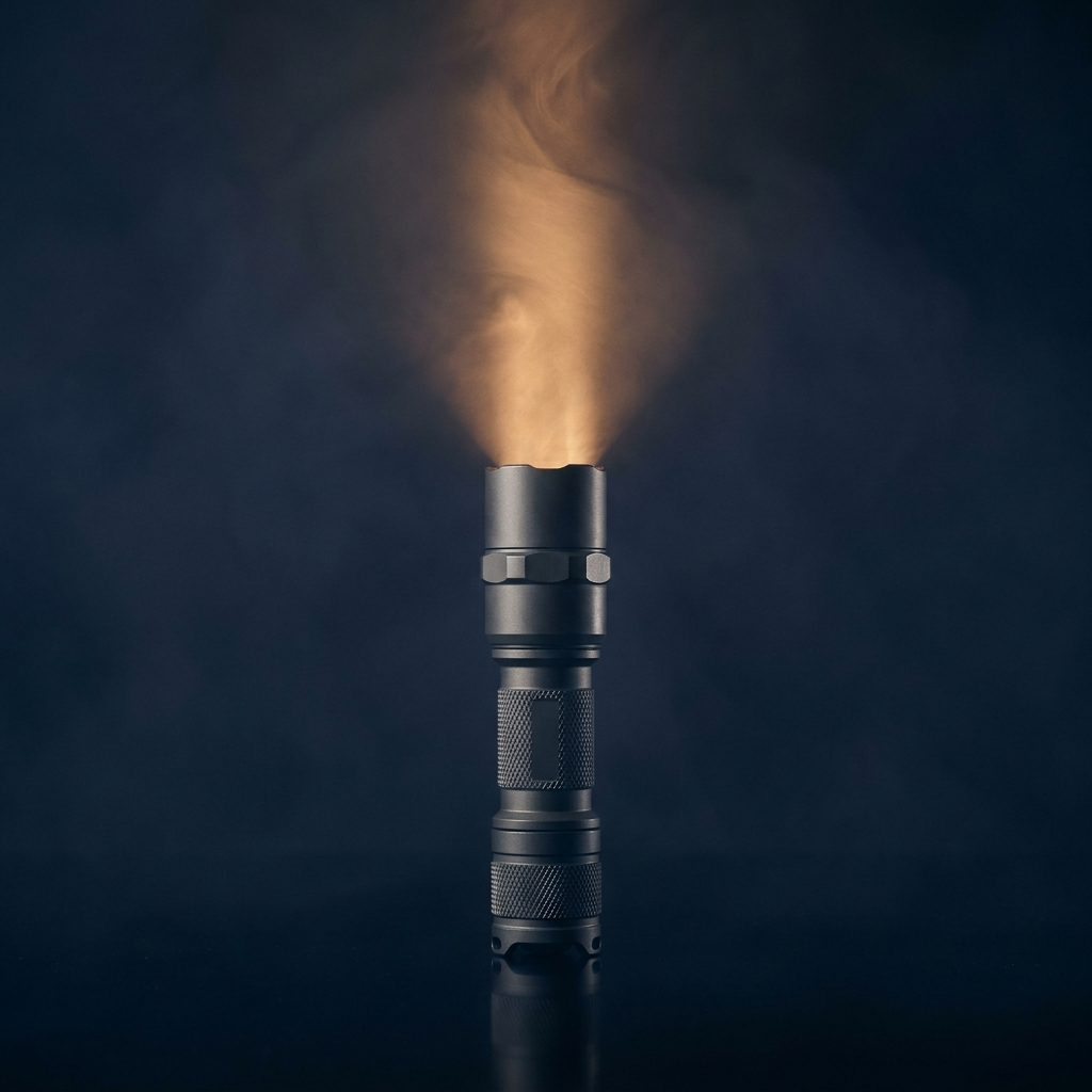 A tactical weapon light casting a warm beam through the dark