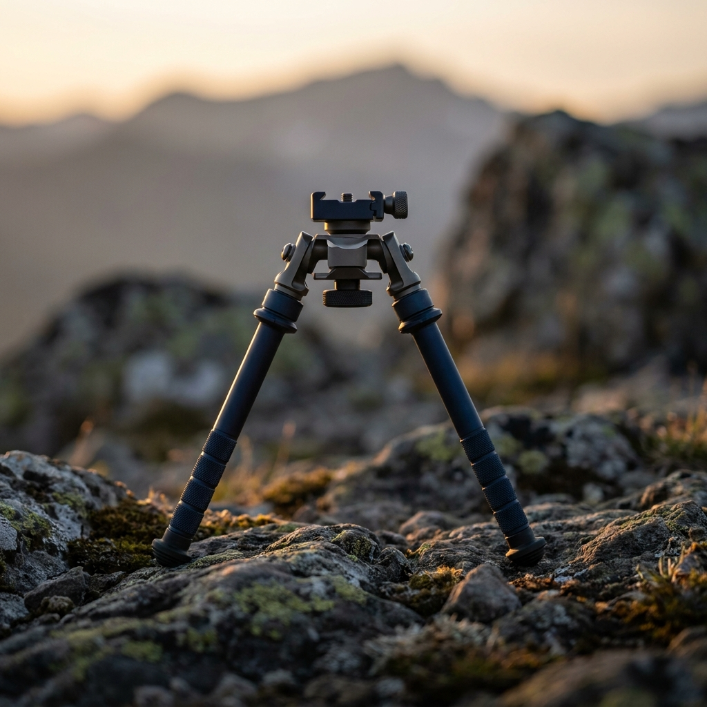 A precision rifle bipod deployed on rocky ground at dawn