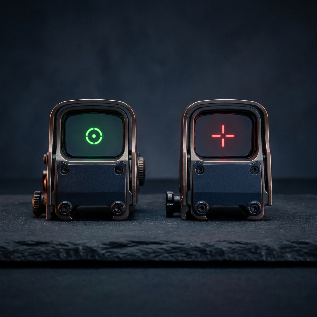 Two reflex sights, one with a green reticle and one with a red reticle