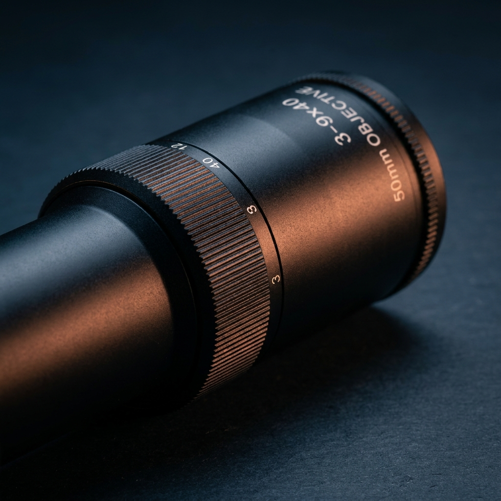 Macro of magnification and objective numbers engraved on a riflescope