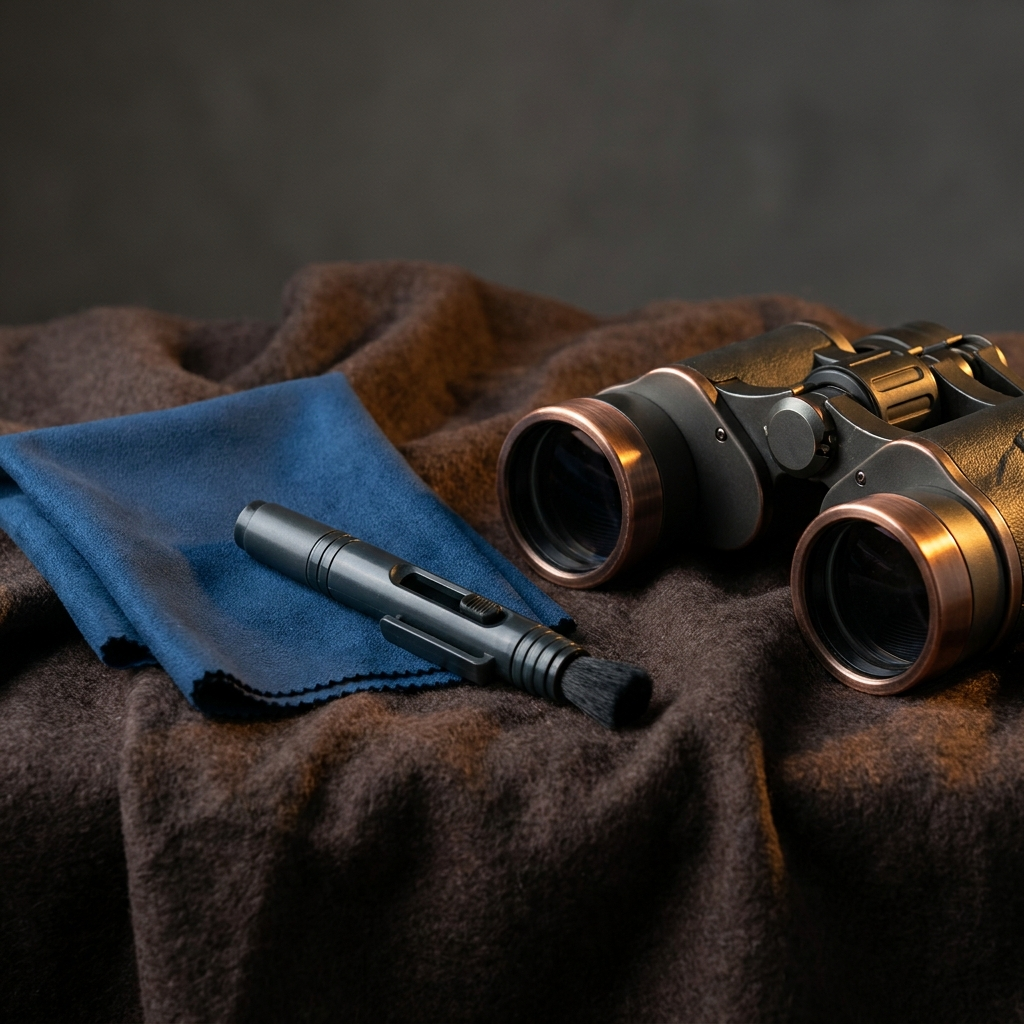 A microfiber cloth, lens pen and binoculars, an optics care kit
