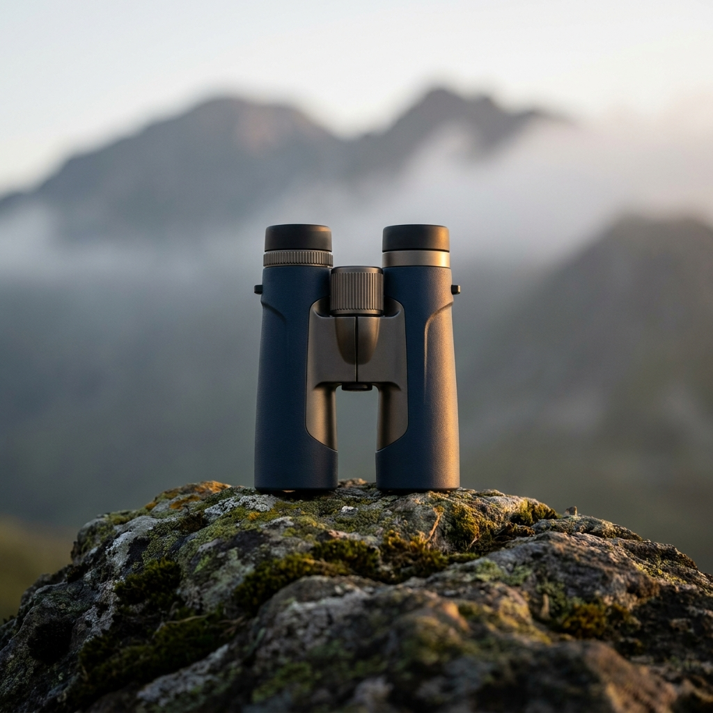 A pair of premium binoculars on a rock at dawn