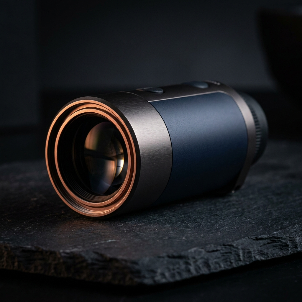 A compact handheld laser rangefinder on dark slate