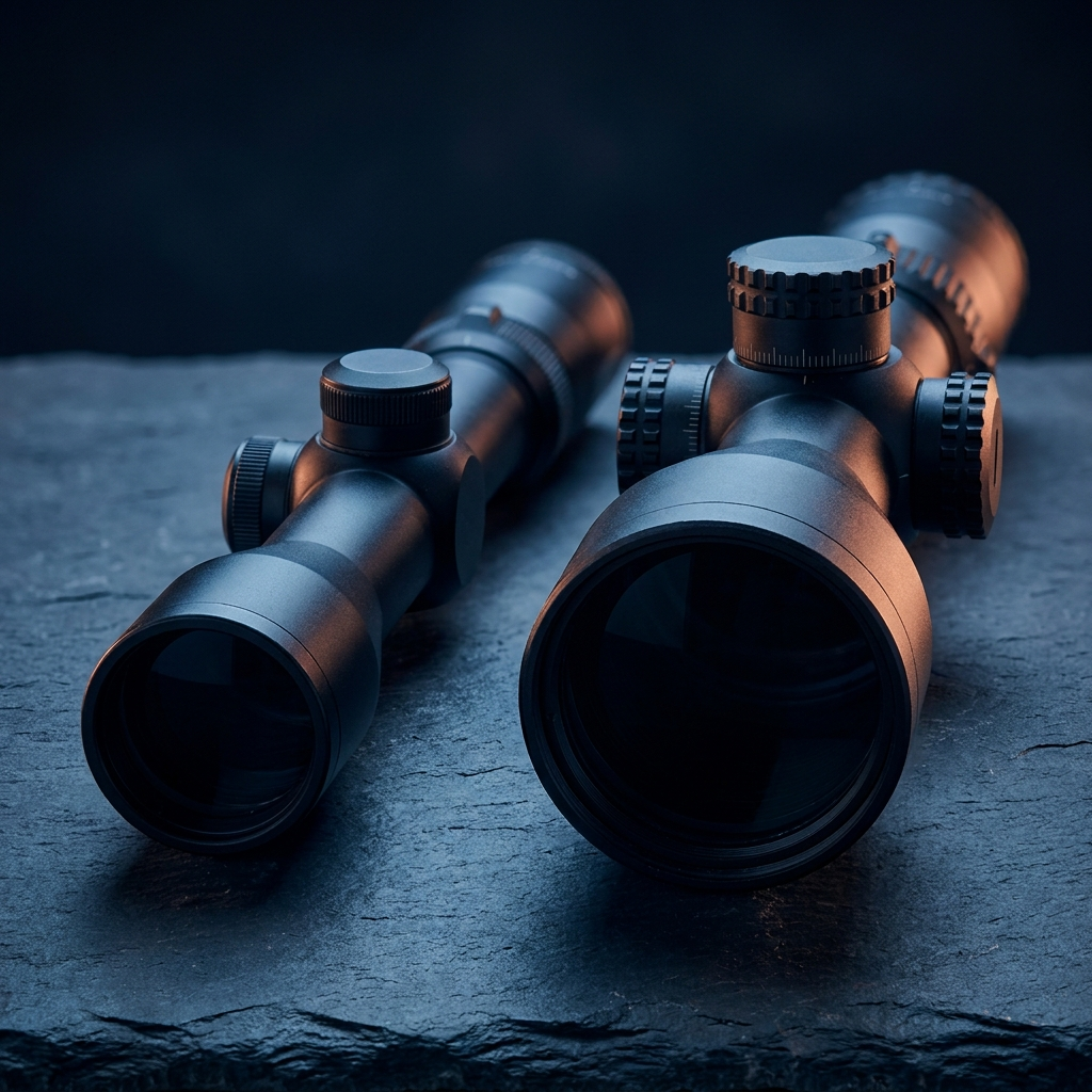 A slim hunting riflescope beside a larger tactical riflescope