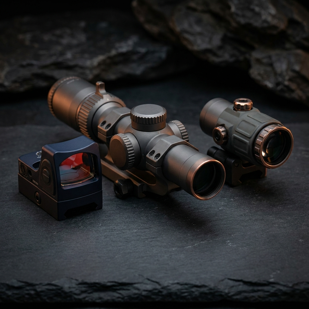 A red dot, an LPVO scope and a magnifier arranged together