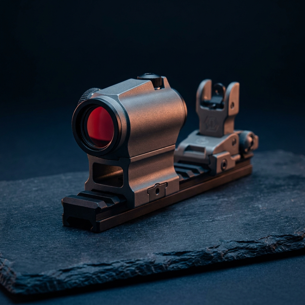 A red dot sight co-witnessed with flip-up iron sights on a rail