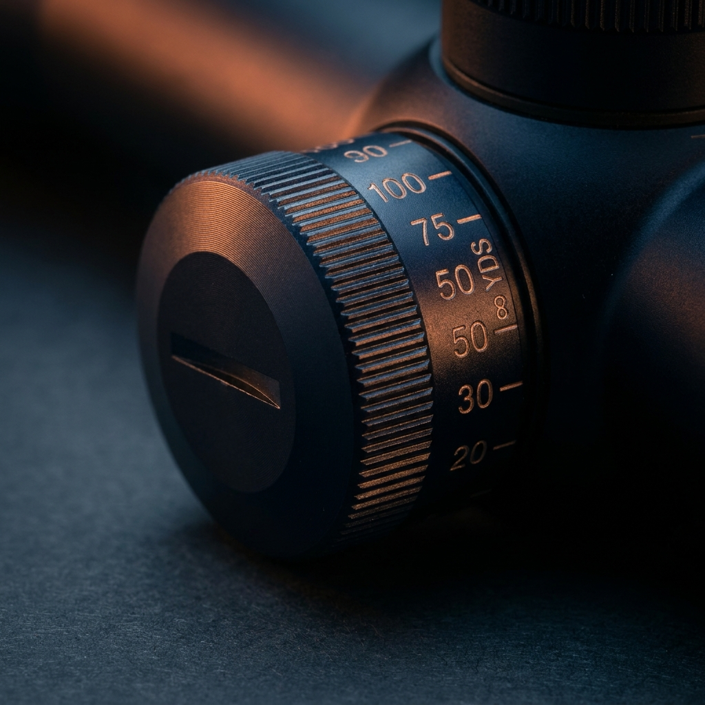 Close-up of a riflescope side parallax adjustment knob