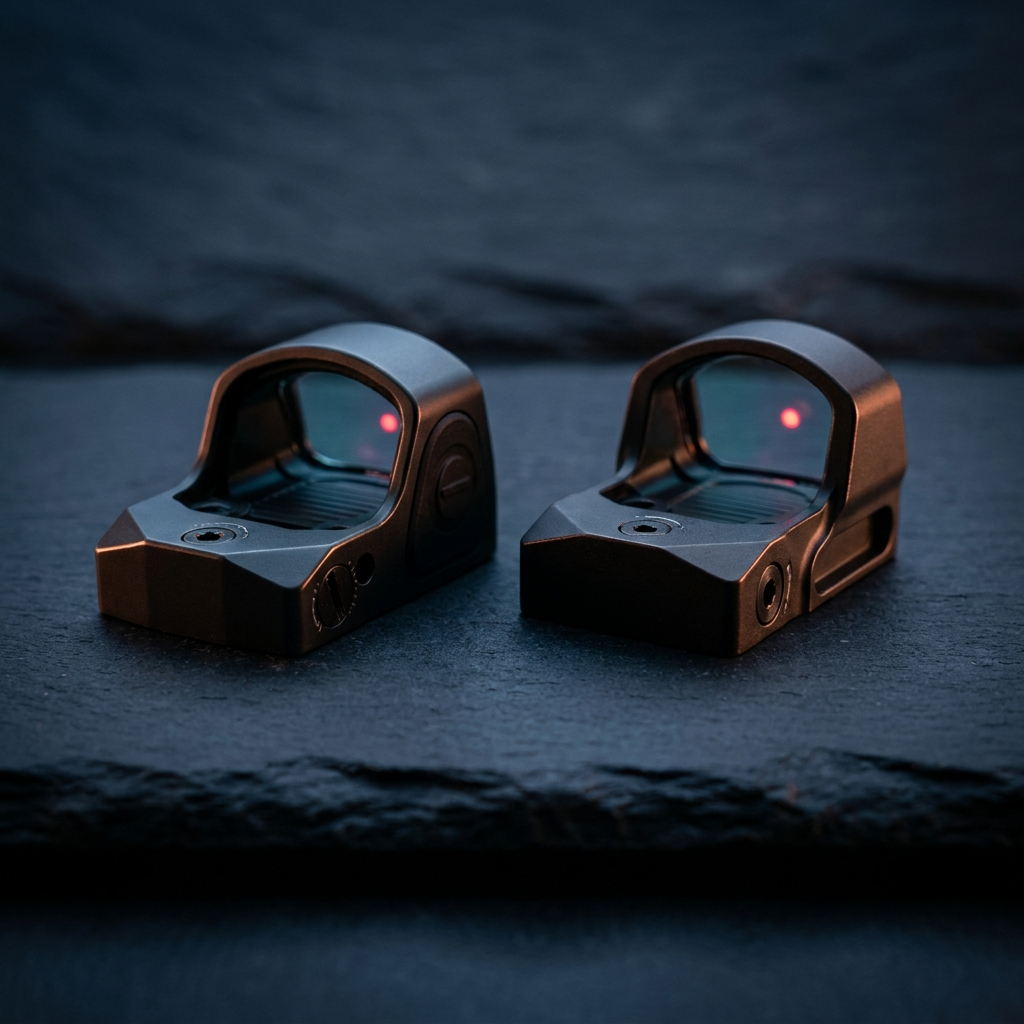 An enclosed-emitter and an open-emitter pistol red dot side by side