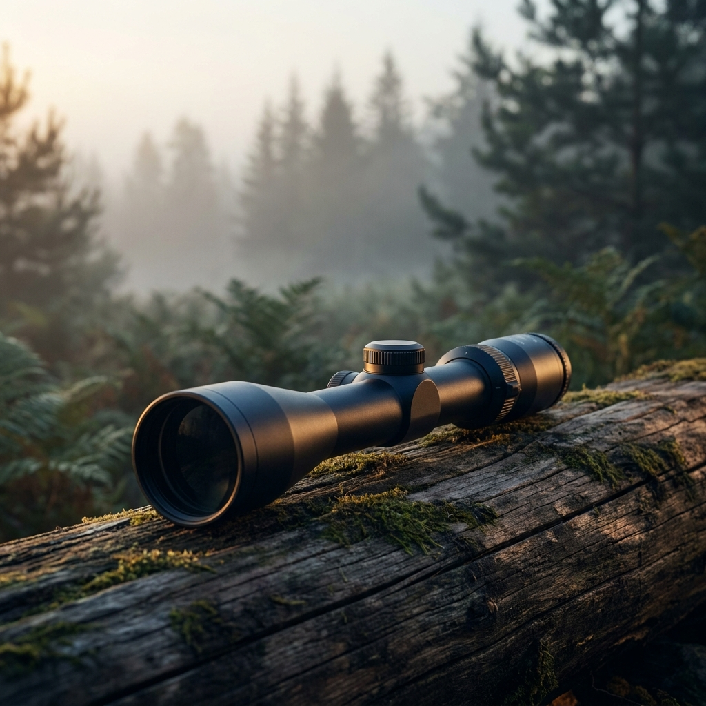 A slim hunting riflescope on a weathered log at dawn