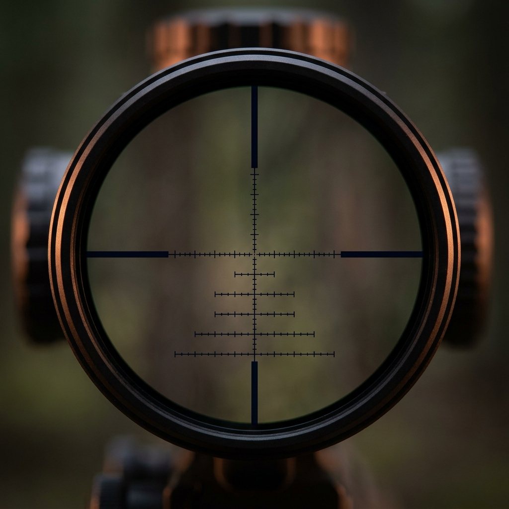 View through a scope showing a mil-dot and holdover tree reticle