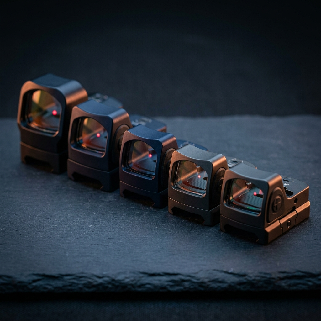 Several compact reflex red dot sights arranged in a row