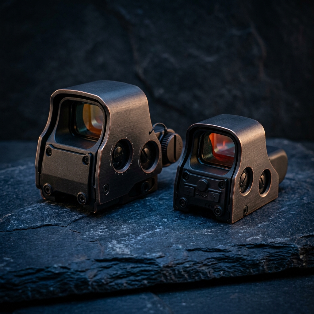 Two holographic weapon sights side by side, full-size and compact