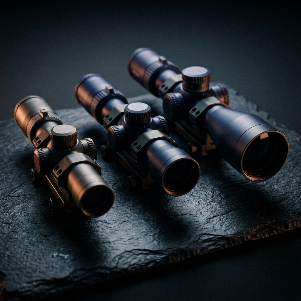 Three riflescopes of increasing size arranged in a row