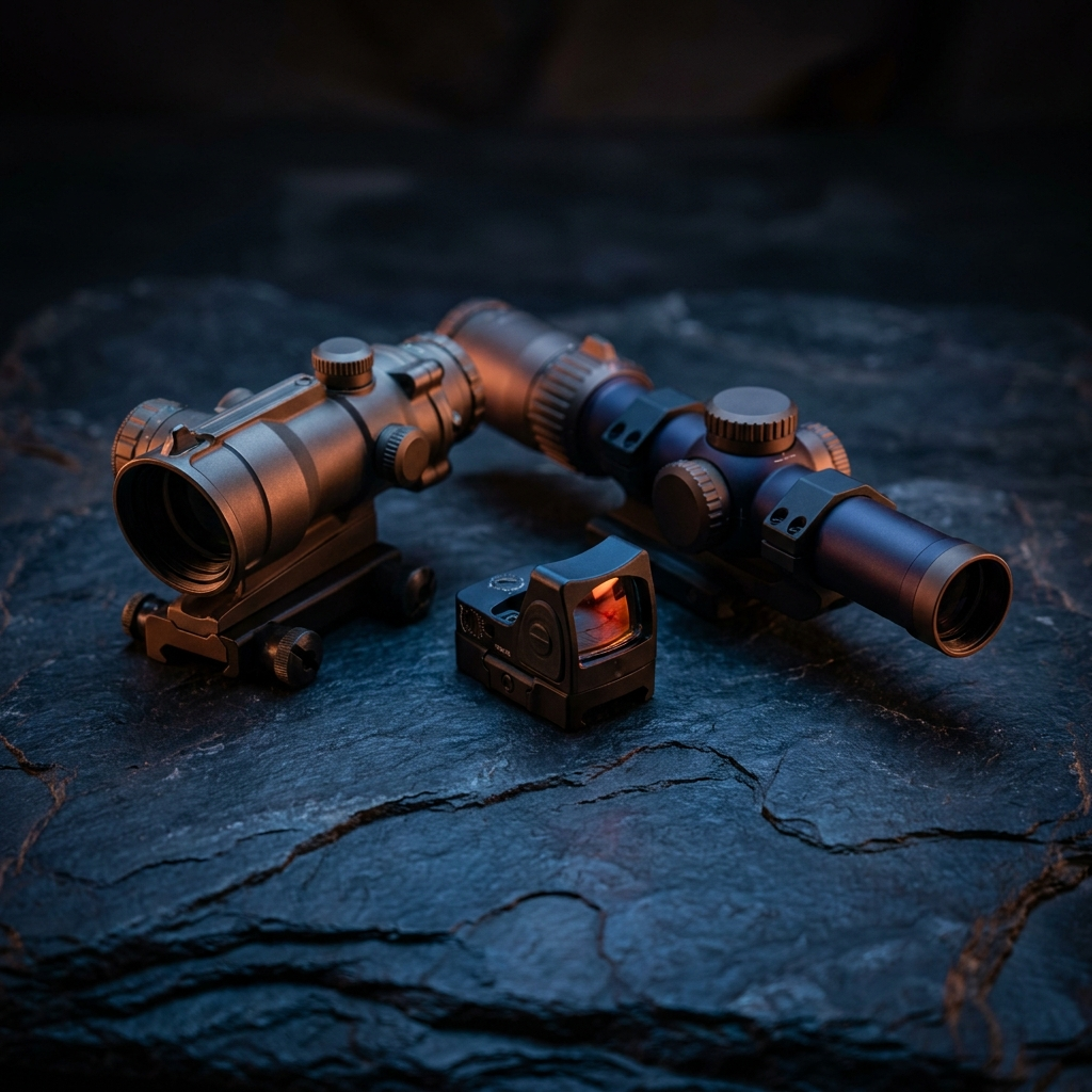 A prism scope, a red dot and an LPVO arranged together