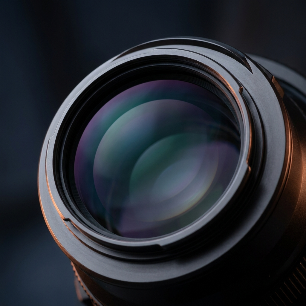 Macro of a coated optical lens showing anti-reflective coatings