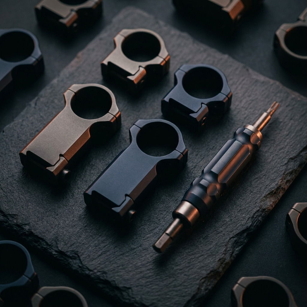 A set of scope rings of different heights with a torque driver