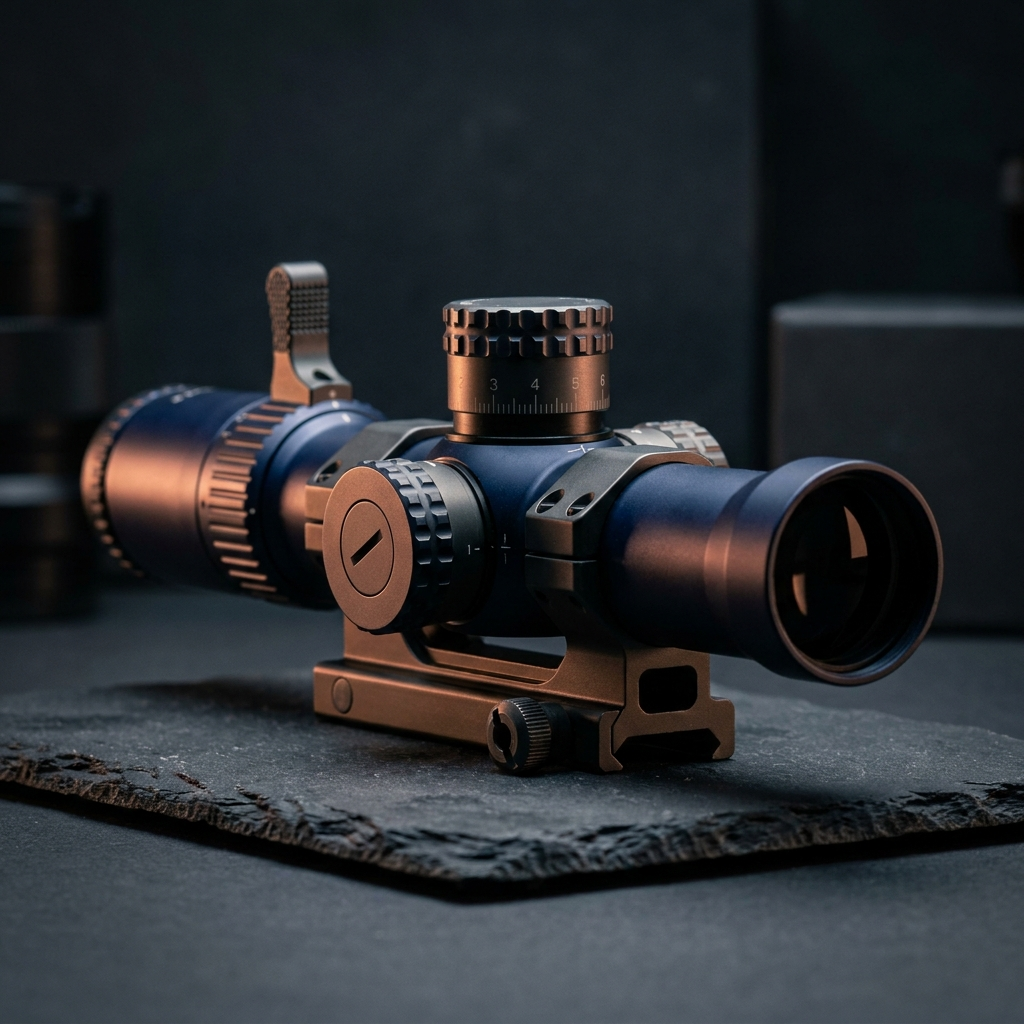A precision rifle scope with tall exposed turrets