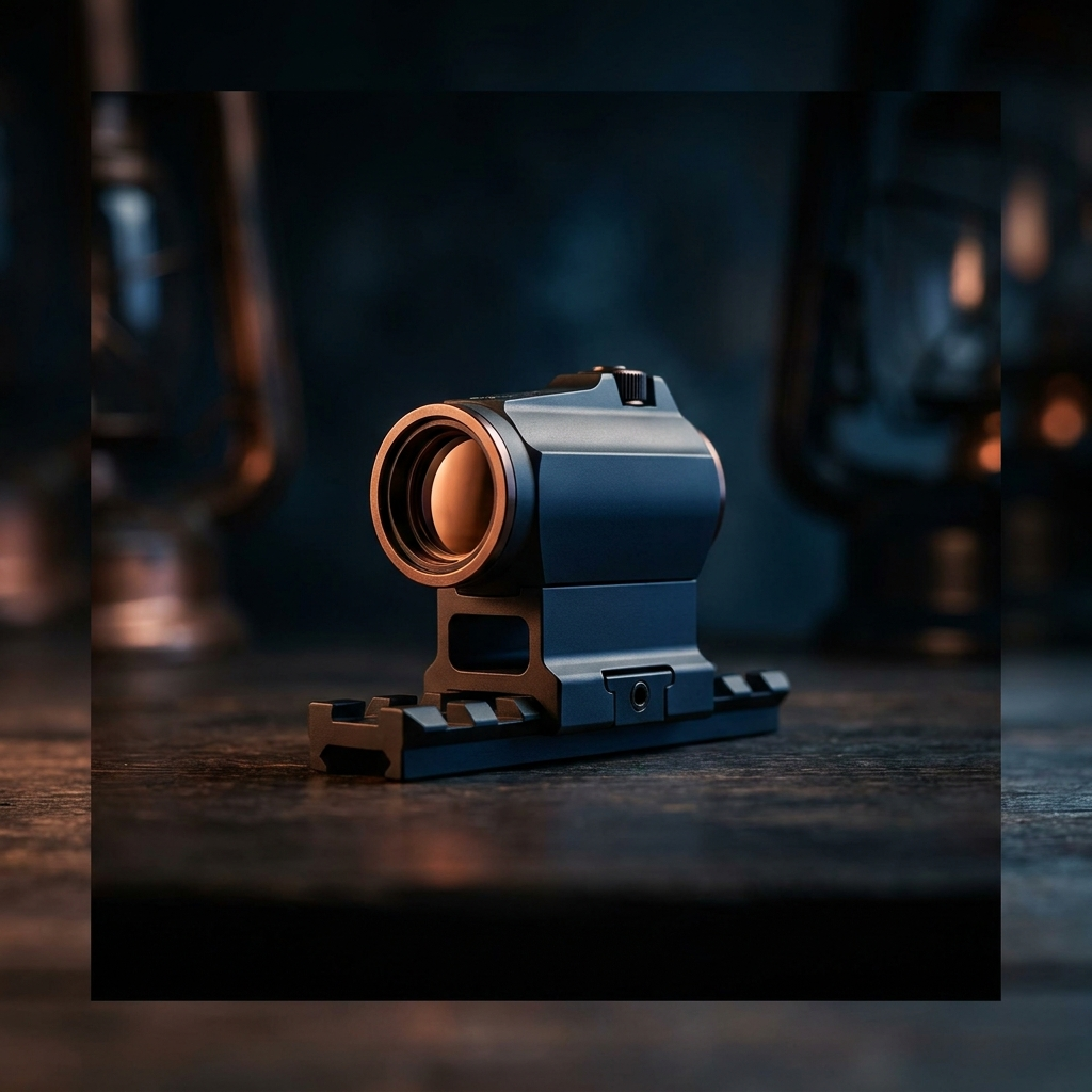 A red dot sight on a rail in a dim low-light scene