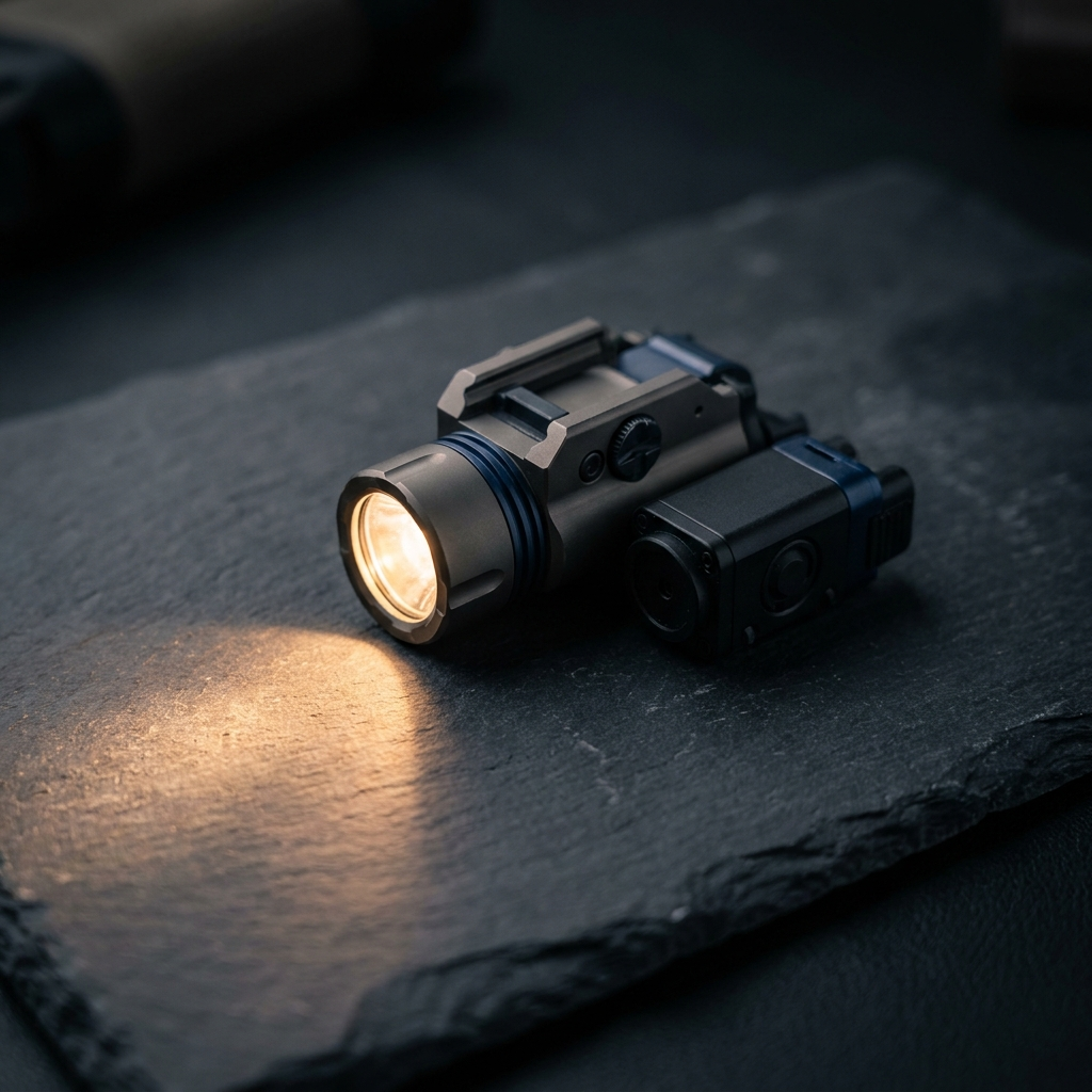 A compact weapon light beside a small aiming laser unit