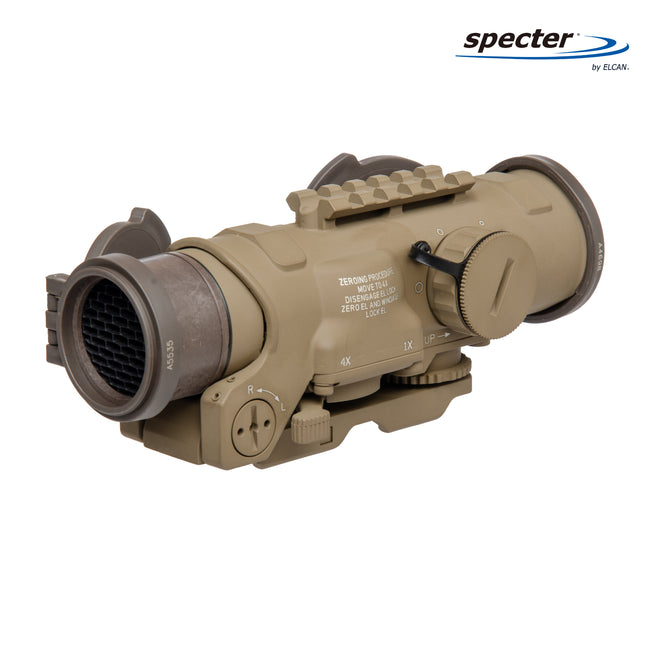 ELCAN SpecterDR 1x/4x Rifle Scope 5.56 BDC w/Flip Covers, ARD & A.R.M.S. Levers FDE - DFOV4-T265-C10