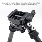 American Defense Manufacturing QD Bipod Mount for ARCA Swiss Rail fitted to an Atlas BT46-NC bipod, product image 4