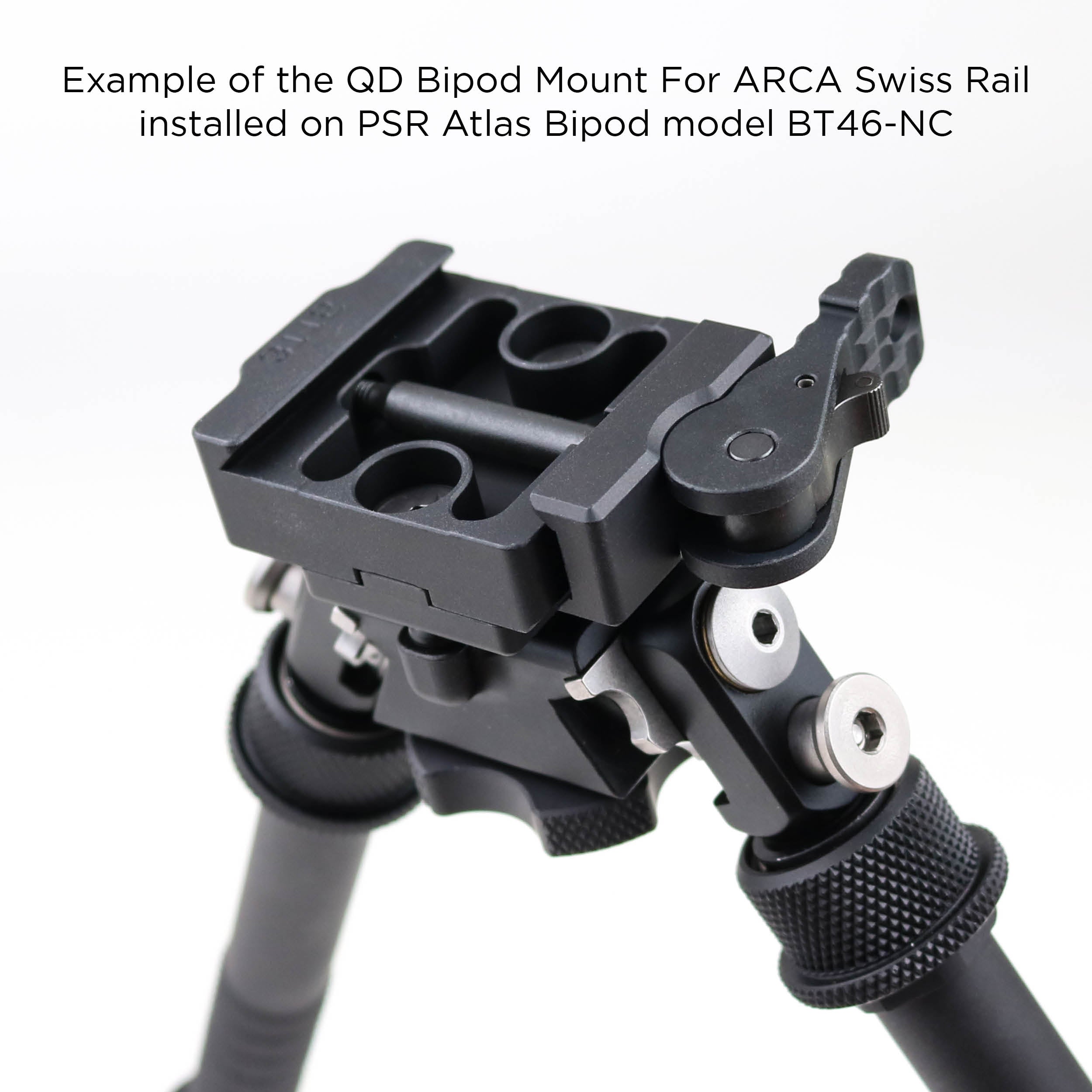 American Defense Manufacturing QD Bipod Mount for ARCA Swiss Rail fitted to an Atlas BT46-NC bipod, product image 4