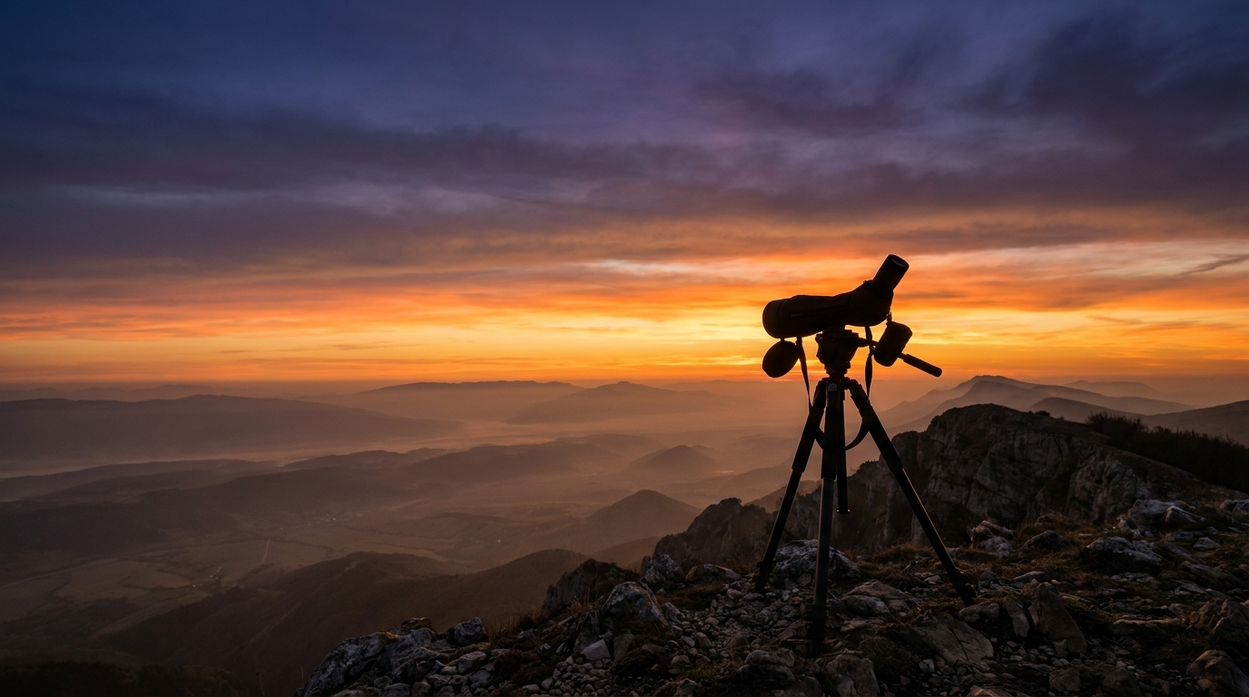 Spotting scope on a tripod silhouetted on a mountain ridge at dusk