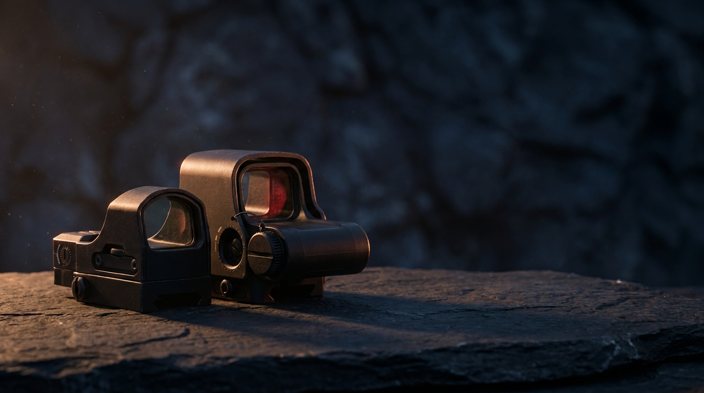 Red dot reflex sight and holographic optic on dark slate with copper rim light