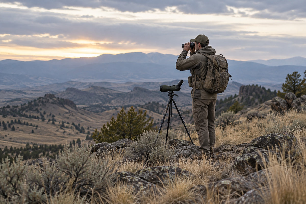 Hunter glassing a mountain foothill with binoculars and spotting scope