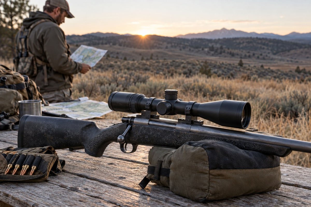 Riflescope mounted on a sporting rifle resting on a field bench at sunrise