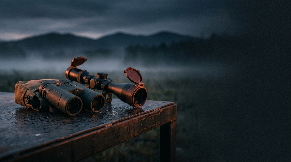 Optics arranged on a weathered steel bench at dawn (alternate)