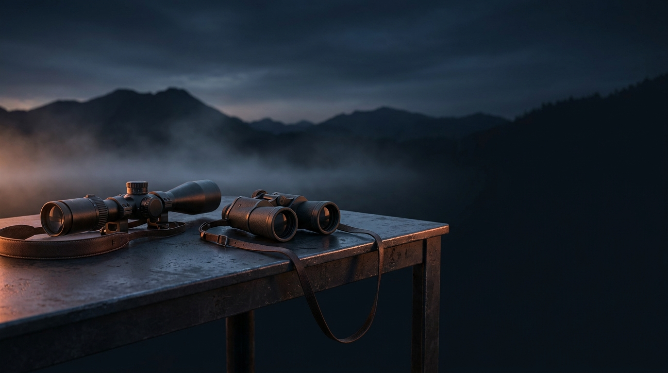 Riflescope and binoculars on a weathered steel bench at dawn