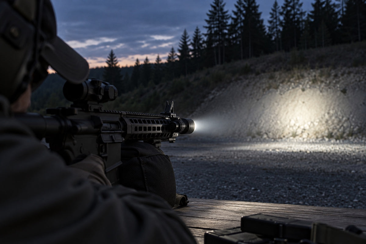 Mounted weapon light illuminating an outdoor range at dusk