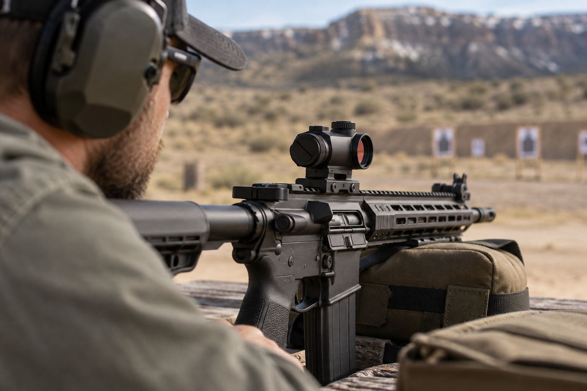 Red dot optic on a sporting rifle at an outdoor range