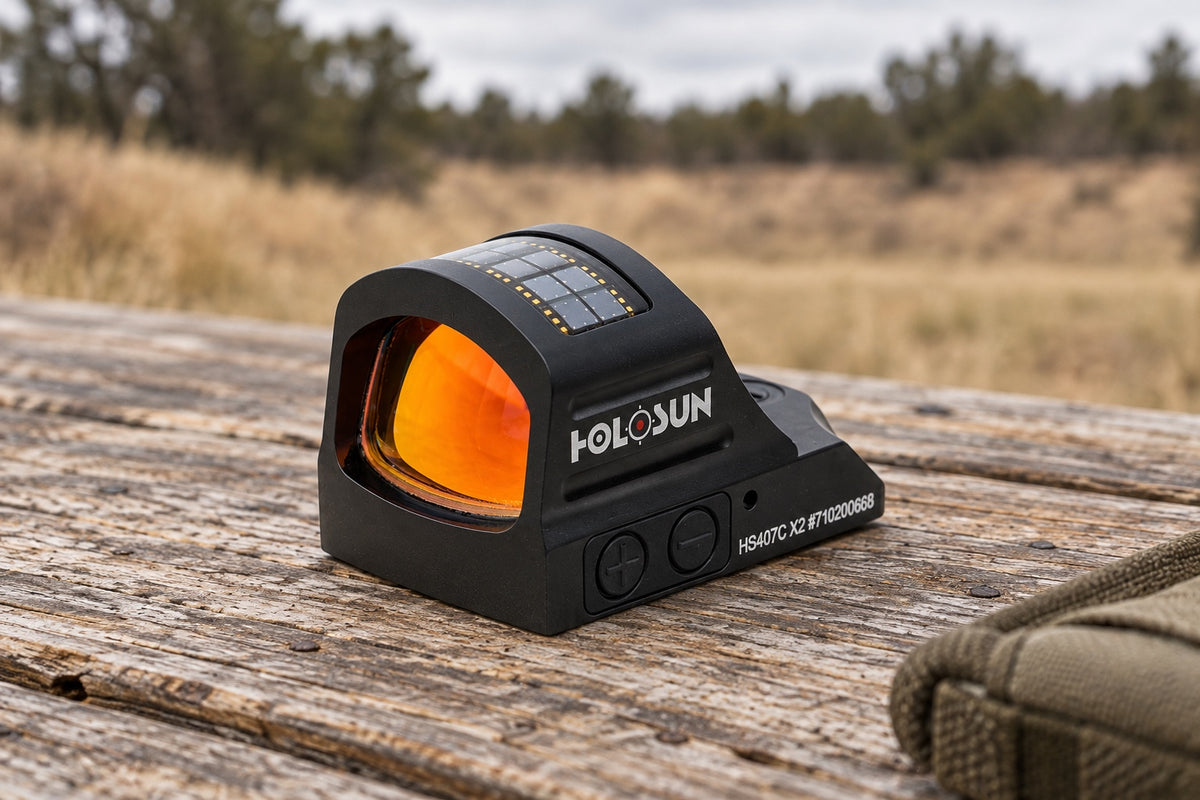 Holosun HS407C X2 reflex sight on a wooden range bench