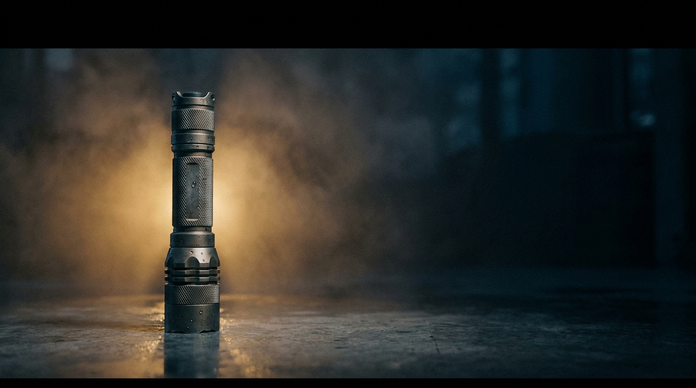 Tactical flashlight casting a warm beam in a dark scene