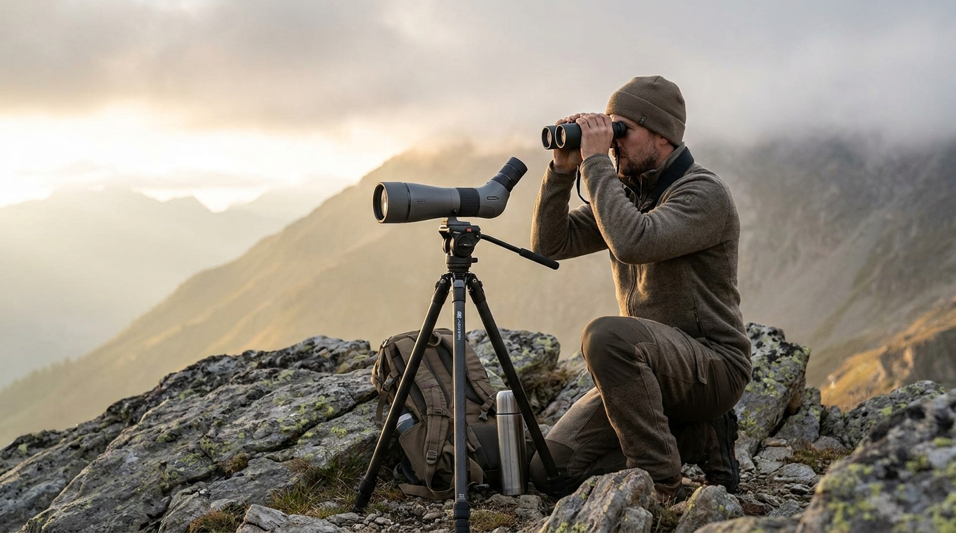 Outdoorsman glassing at dawn with binoculars and a spotting scope on a ridge