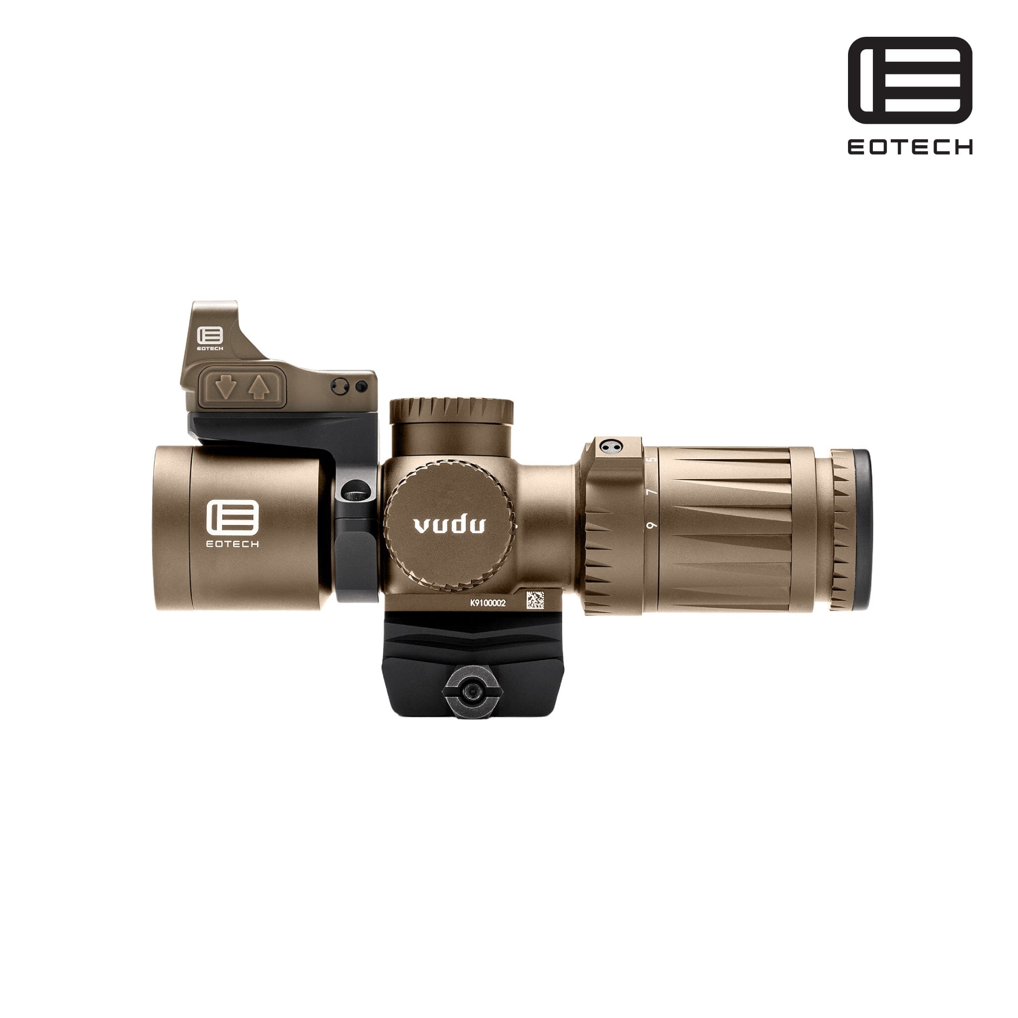 EOTech Vudu 3-9x32 Rifle Scope SFP MR5 MRAD Tan with EFLX 3 MOA Red Dot, SKU VDU3-9PKG1TAN