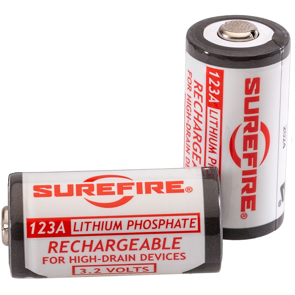 SureFire SFLFP123 rechargeable LiFePO4 123A batteries, angled view